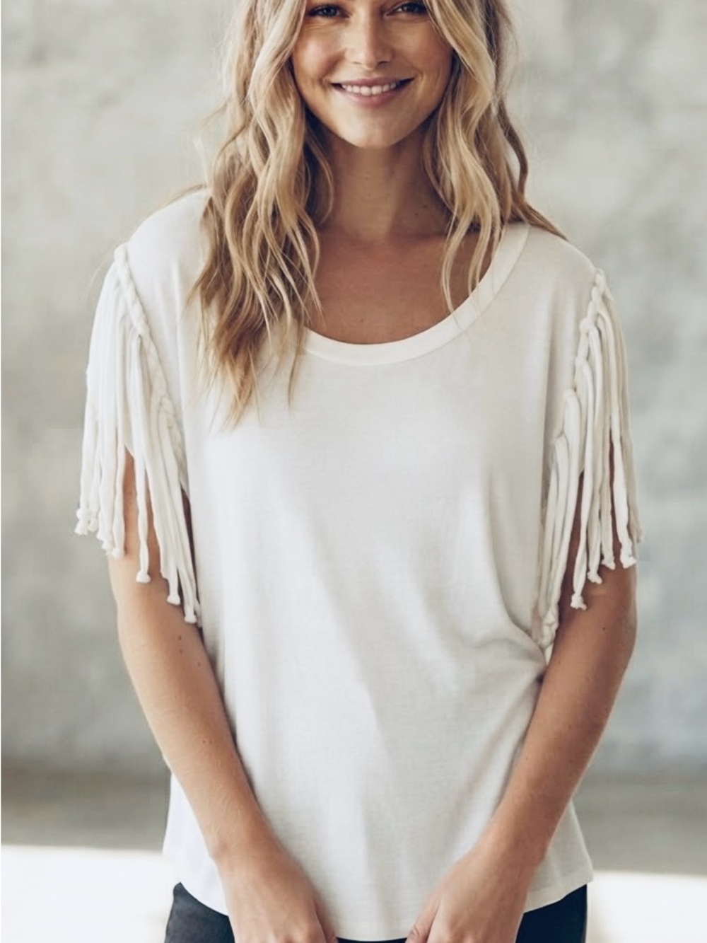 POL Ivory Short Sleeve Top with Fringe Detail